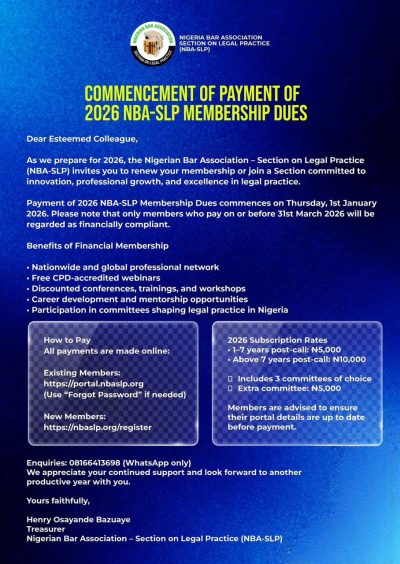 NBA–SLP Announces Commencement of 2026 Membership Dues Payment