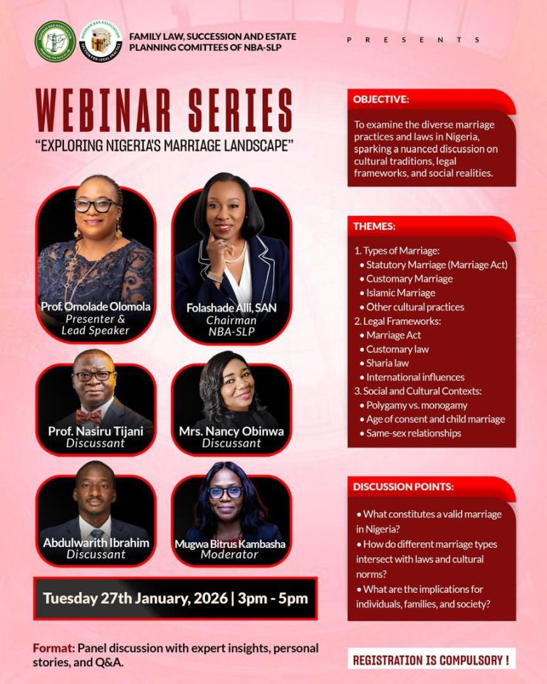 NBA-SLP Opens Free Registration for Webinar on Nigeria’s Marriage Framework