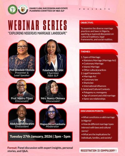 NBA-SLP Opens Free Registration for Webinar on Nigeria’s Marriage Framework